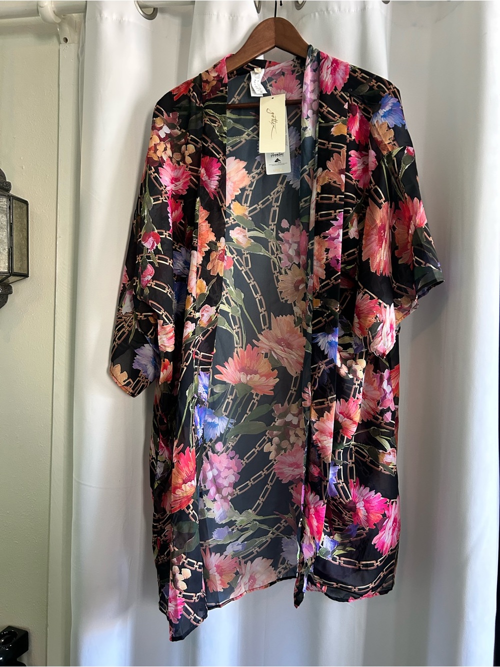 Gottex Black Floral Satin Kimono Robe with Pink & Purple Blooms NWY